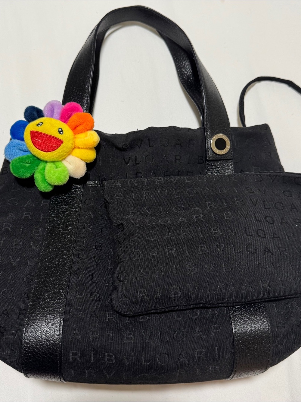 Bulgari Black Logo Jacquard Tote with Rainbow Plush Charm